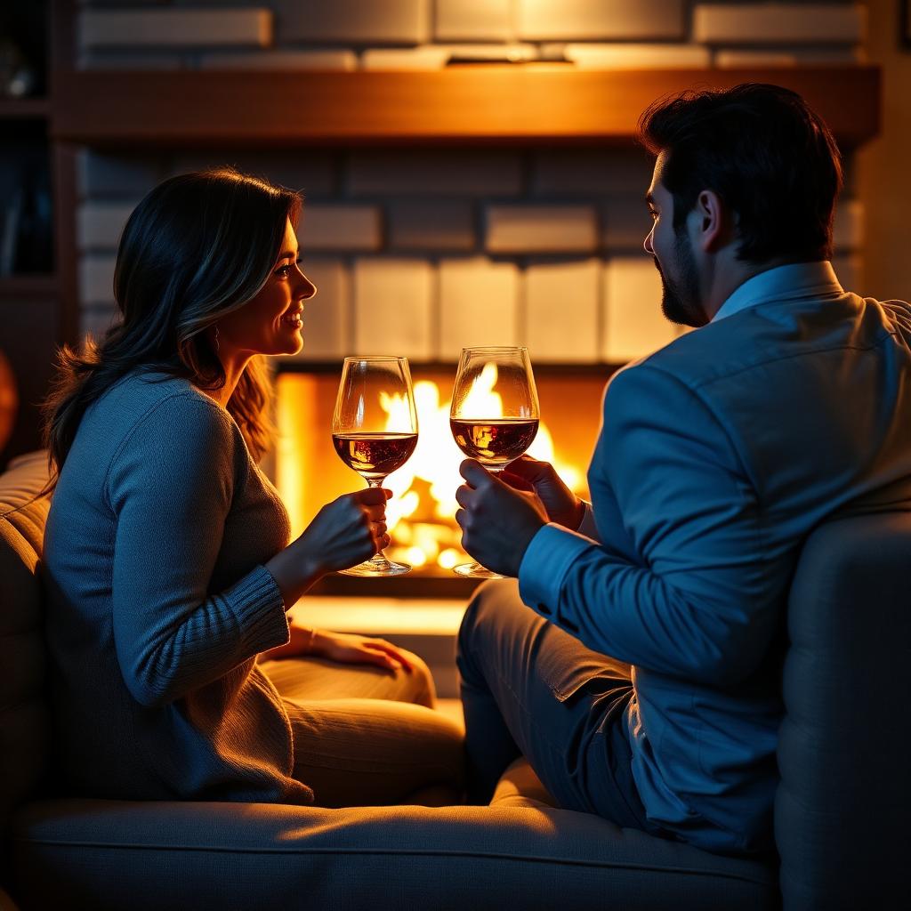 Casal apreciando vinho em frente à lareira